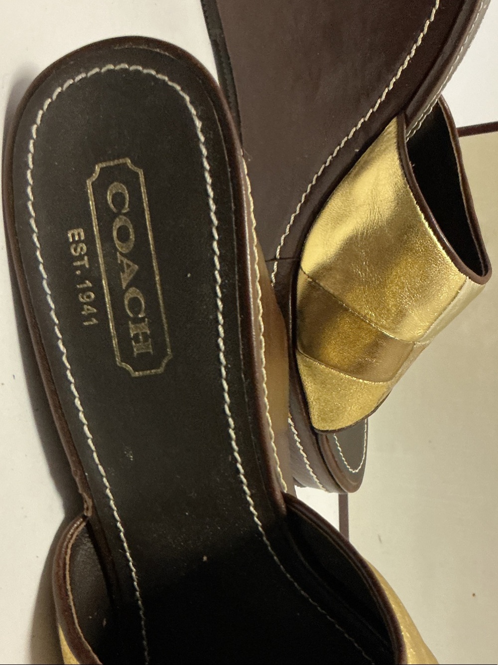 Coach Metallic Gold and Brown Leather Slide Sandals
